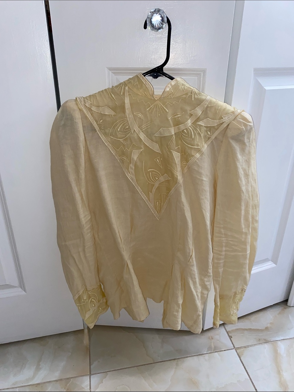 100% Ramie Linen Vintage Elegant Cream Embroidered V-Neck Blouse